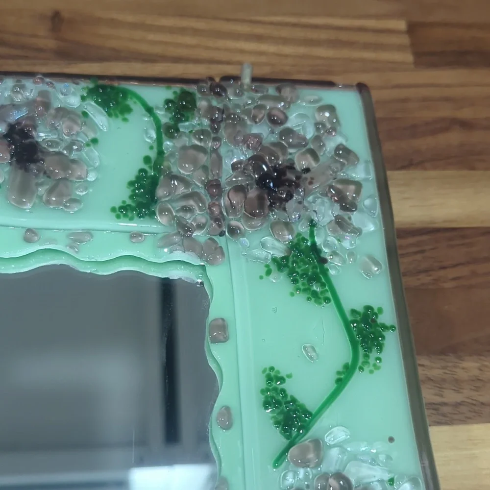 Artist made 8x10 fused glass mirror with hanger flowers green